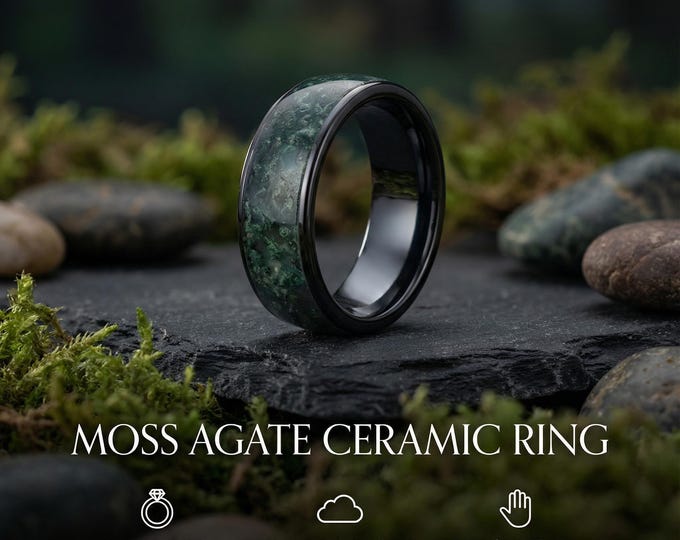 Black ceramic Moss Agate Ring for men, Nature-Inspired Wedding Band.