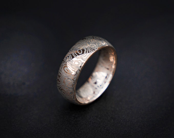 Rose Gold Tungsten Ring with laser edges damascus pattern, rose gold Wedding Band, Mens Wedding Ring, Men's Ring, Promise Ring | Decazi