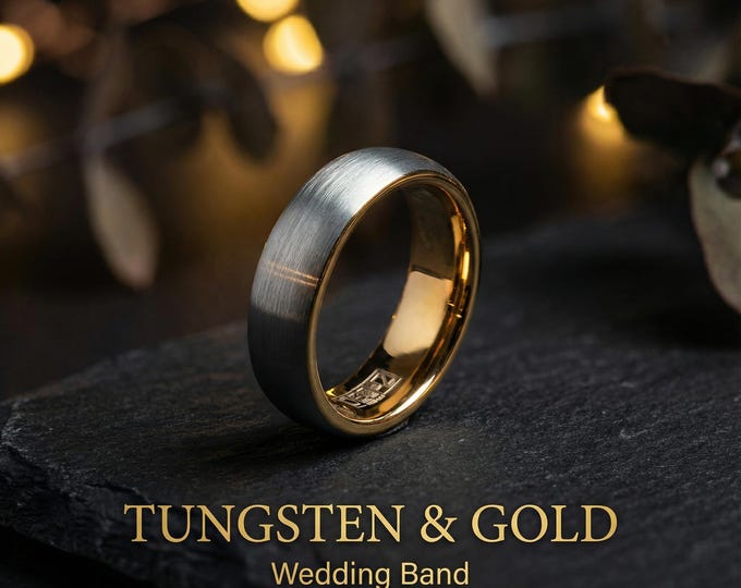 Tungsten Ring Brushed Silver with Rose Gold Comfort fit band, Mens Ring, Mens Wedding Band | Decazi
