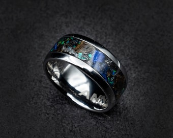 Lapis Lazuli ring, Mens Dinosaur Bone Band Ring, T Rex Fossil Jewelry, Tyrannosaurus Meteorite Ring, Wedding Band, Tungsten Ring for Him