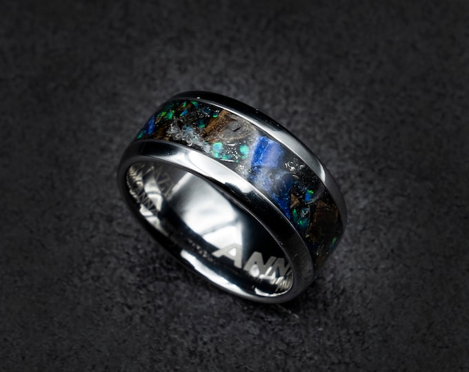 Lapis Lazuli ring, Mens Dinosaur Bone Band Ring, T Rex Fossil Jewelry, Tyrannosaurus Meteorite Ring, Wedding Band, Tungsten Ring for Him