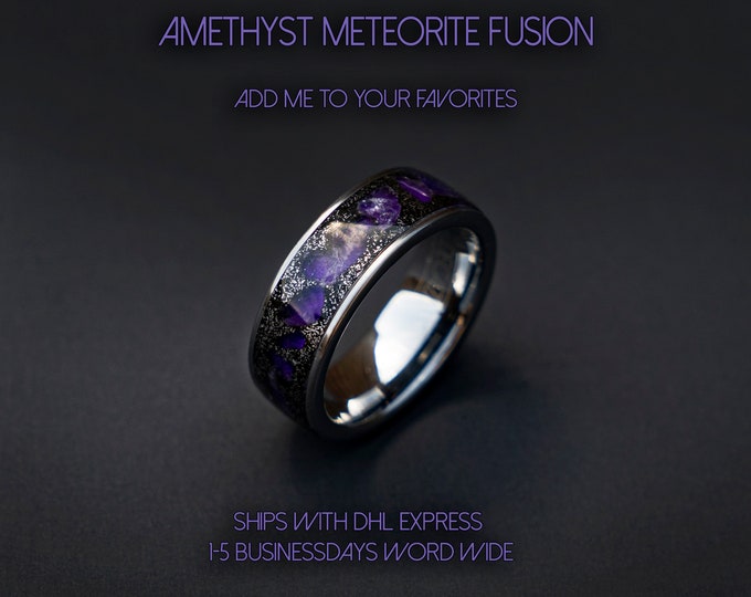 Amethyst ring, Mens tungsten ring, healing jewelry, Healing crystal ring, Amethyst jewelry, gift for grandma, Glowstone ring, moldavite ring