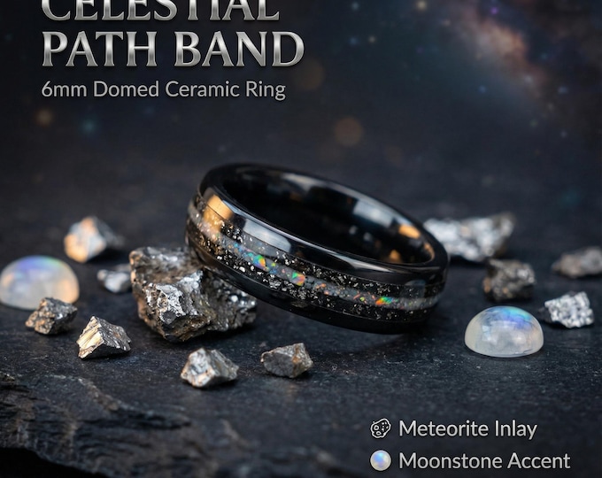 Domed Ceramic Ring 6mm Wide • Muonionalusta Meteorite Dust Inlay • Rainbow Moonstone • Unique Men’s & Women’s Wedding Band • Cosmic Jewelry