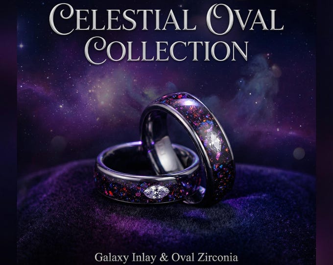 His & Hers Wedding Band Set – Galaxy Inlay Couples Rings, Matching Tungsten Bands with Gemstone Accent