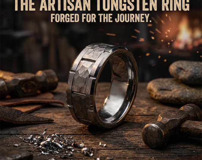 8mm Silver Tungsten Carbide Ring - Hammered Brushed Mens Court Wedding Band - Engagement Ring, Mens Wedding Band | Decazi