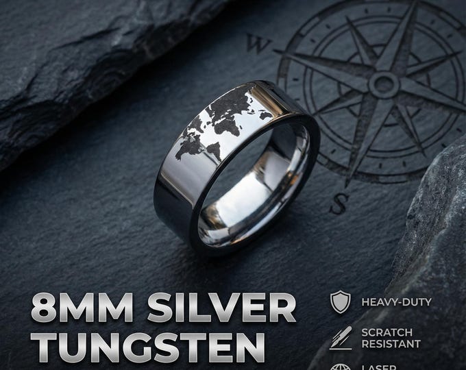 Silver Tungsten Ring with laser engraved world map - silver engraved Wedding Band - Mens Womens Engagement, Promise Ring, handmade | Decazi