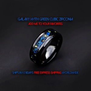 handmade wedding band, Galaxy opal ring,  green cubic zirconia, mens ring, , mens engagement ring, mens wedding band | decazi
