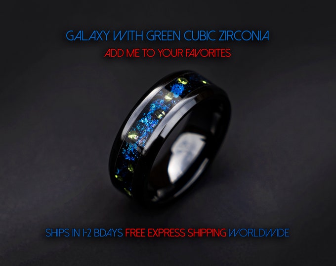 handmade wedding band, Galaxy opal ring,  green cubic zirconia, mens ring, , mens engagement ring, mens wedding band | decazi