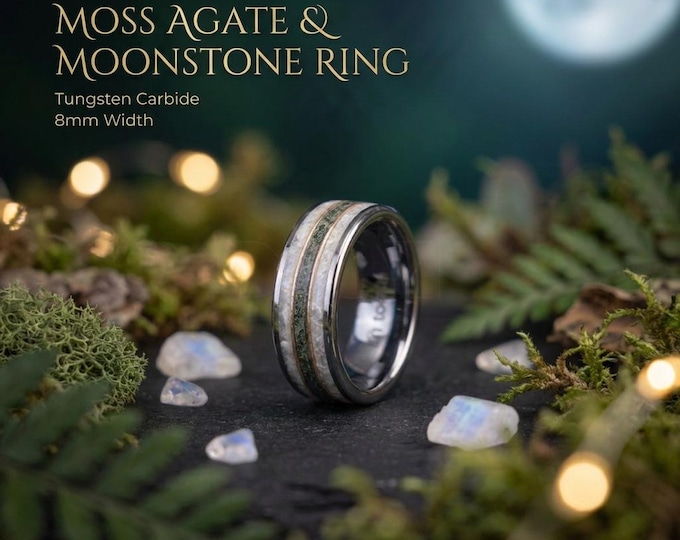 Moss Agate & Rainbow Moonstone Tungsten Wedding Ring, 8mm Gold Wire Inlay, Comfort Fit