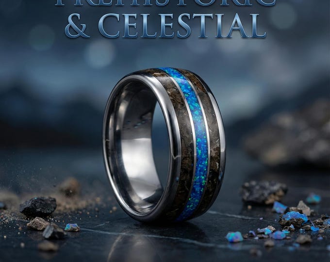 Dinosaur fossil ring, T-rex, tyrannosaurus, dinosaur jewelry, wedding band, Mens ring, Blue opal ring, opal engagement ring, unique, custom.