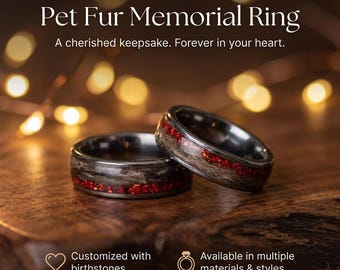 Matching Pet Memorial Rings 8mm 6mm, Couples Tungsten Bands with Real Pet Fur and Birthstone Color Opal