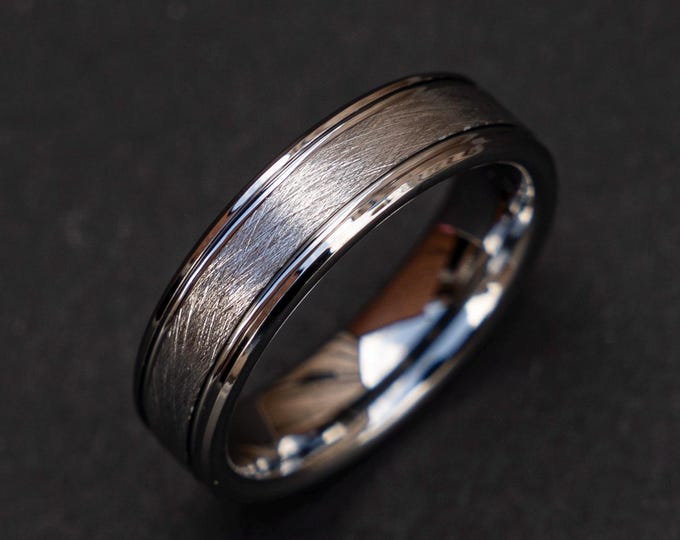 6mm Silver Tungsten Carbide Ring with a brushed/unpolished center- rough silver ring | Decazi