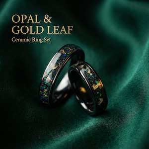 Anéis de casamento com meteorito de opala negra, conjunto de alianças de casamento, conjunto de anéis de meteorito, anéis de joias artesanais, anéis de casal, anel exclusivo, presente artesanal