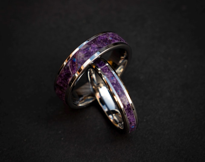 Matching His & Hers Tungsten Ring Set with Raw Amethyst Inlay – 6mm Men’s and 4mm Women’s Bands, Purple Glow-in-the-Dark Wedding Bands