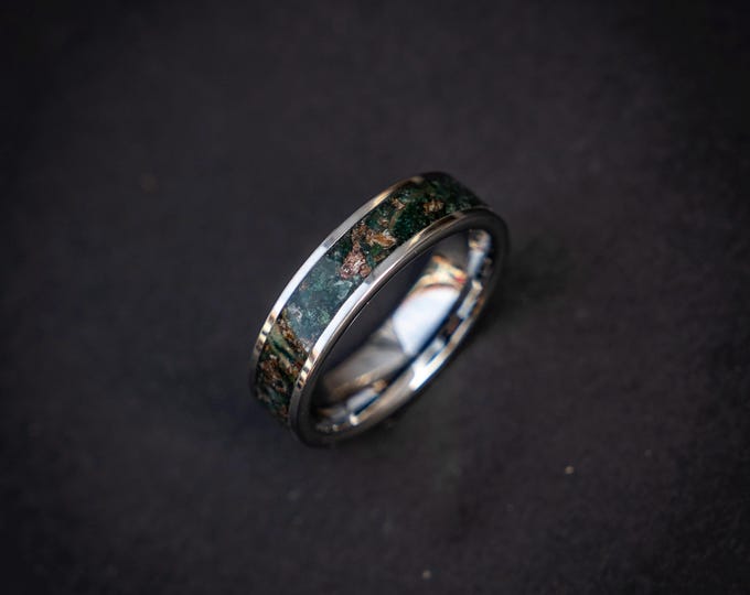 Handmade Silver Tungsten Ring with Moss Agate Inlay & Dinosaur Fossil Pieces | Unique Custom Mens/Womens Ring | Nature Inspired Gift