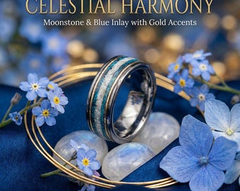 Blue Flower Ring, Rainbow Moonstone, Gold Wire, 8mm Tungsten Wedding Band