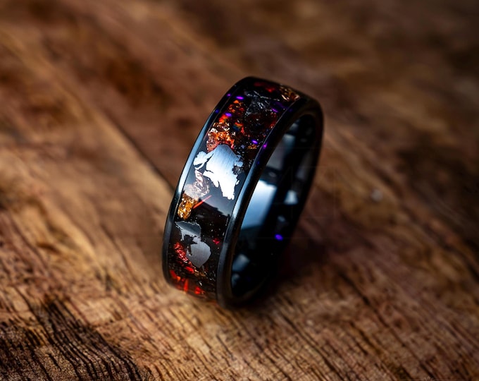 Red fire opal ceramic ring with muonionalusta meteorite chunks and 18K gold leaf, his and her, couples set | Decazi