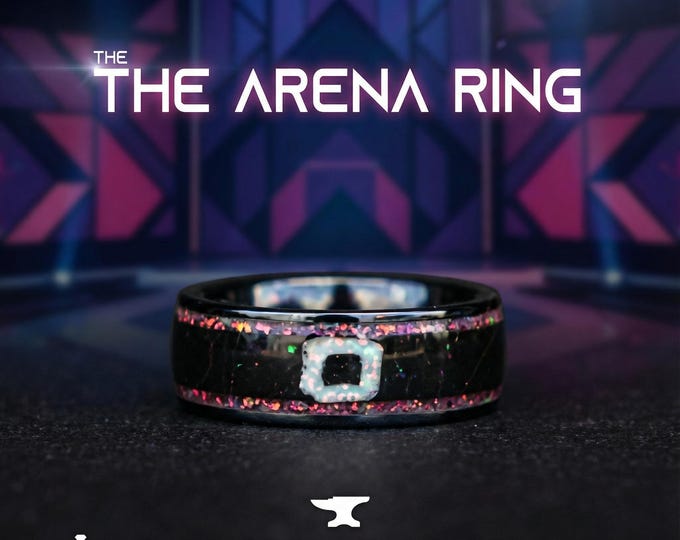 Black Statement Ring with Pink Opal & White Square Symbol, Geometric Gamer-Inspired Jewelry, Drama Jewelry, Cosplay Inspired