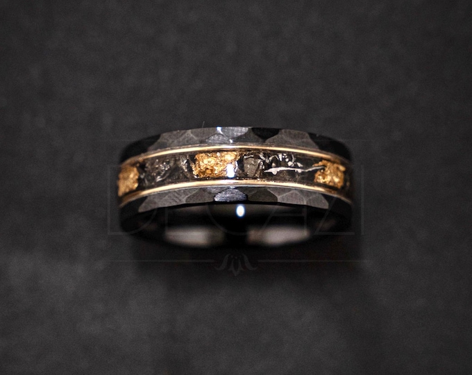 Black Ceramic Wedding Band 8mm – Muonionalusta Meteorite + 24K Gold Leaf Inlay – Hammered Edge – 18K Gold Wire – Comfort Fit