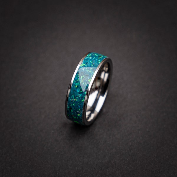 Bague d’humeur homme, Bague de changement d’humeur faite à la main, Bague thermochromique, opale de feu de paon, carbure de tungstène, bague d’humeur en tungstène, cadeau de Saint-Valentin