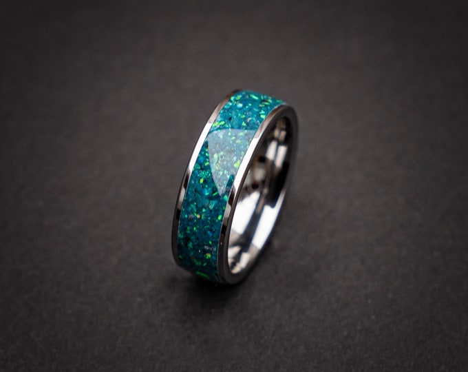 Mood ring men, Handmade Mood changing ring, Thermochromic ring, peacock fire opal, Tungsten carbide, Tungsten mood ring, valentines day gift