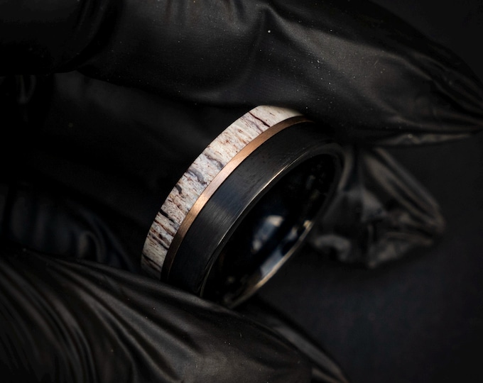8mm Black Tungsten Ring with Elegant Deer Antler and Rose Gold Wire Inlay - | Decazi