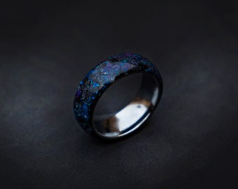 The Ultimate Galaxy opal space nebula ring with glow in the dark pigments, handmade wedding band, meteorite ring, mens wedding band | Decazi