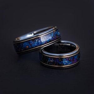 Galaxy opal ring set with gold wire and meteorite, mens wedding band, tungsten ring set, unique, 2 tone, cool mens ring, his and hers rings.