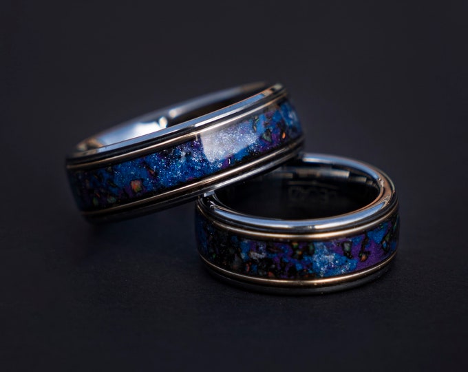 Galaxy opal ring set with gold wire and meteorite, mens wedding band, tungsten ring set, unique, 2 tone, cool mens ring, his and hers rings.