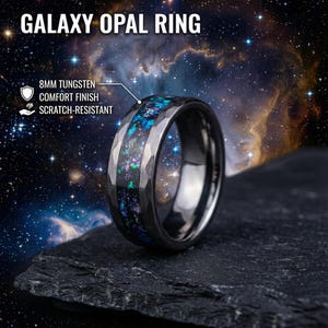 Opal Tungsten Faceted Weddings Rings Bands Set, Matching rings for Couples Engagement Rings, His & Her Promise Rings, Meteorite Ring Set