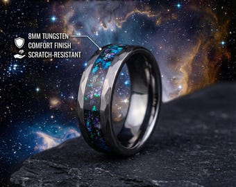 Opal Tungsten Faceted Weddings Rings Bands Set, Matching rings for Couples Engagement Rings, His & Her Promise Rings, Meteorite Ring Set
