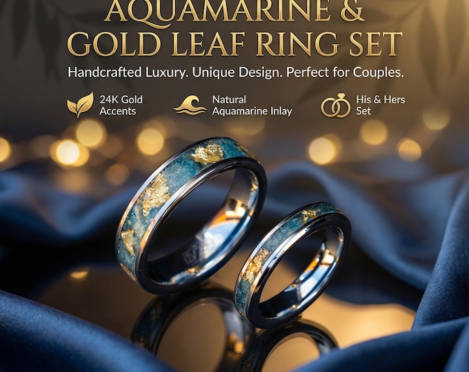 Elegant Tungsten Ring Set with Raw Aquamarine & 18K Gold Leaf | 6mm - 4mm Wide Comfort-Fit Wedding Bands