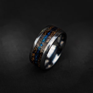 Velociraptor fragments with a blue galaxy opal river, handmade wedding band, meteorite ring men, mens wedding band, unique mens ring Decazi