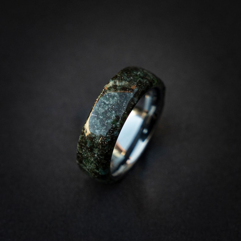 moss agate silver tungsten ring, moss agate engagement ring, moss agate jewelry, moss agate wedding ring set, green moss agate ring, Decazi image 1