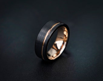 Anello in tungsteno nero da 8 mm con scanalatura in oro Uomo, donna, fede nuziale, fede nuziale, anello di fidanzamento, anello di promessa, anello da uomo | Decazi