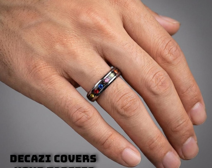 4mm Meteorite ring, The Six Infinity Stones Mens Ring, Comic Book Inspired Cubic Zirconia Ring, Tungsten Engagement Ring, Anime Fan Art Gift