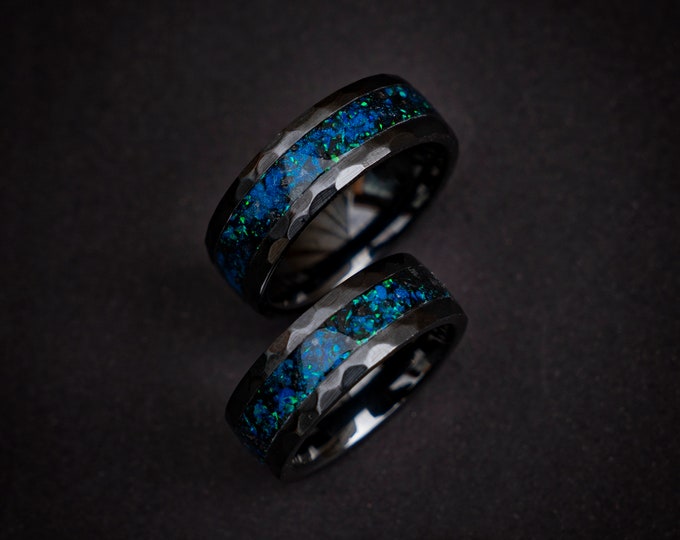 best friend rings with blue galaxy opal and meteorite, handmade wedding band, couple ring set, his and hers rings, matching rings | Decazi