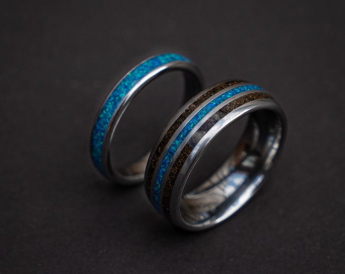dinosaur bone ring , meteorite ring, wedding ring set for woman and men, couples ring, trex ring, blue opal ring, decazi