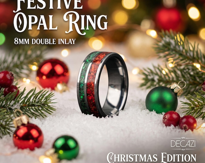 Tungsten Christmas Ring with Dual Green & Red Opal Inlays – Festive Holiday Band, Shimmering Opal Jewelry, Christmas Gift for Him or Her