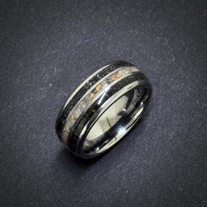 Moldavite, Herkimer Diamond + Meteorite Ring – Silver Tungsten Wedding Band 8mm – 18K Gold Leaf Inlay – Comfort Fit – Unisex Promise Ring