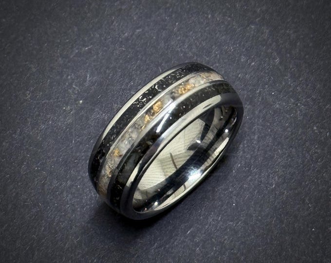 Moldavite, Herkimer Diamond + Meteorite Ring – Silver Tungsten Wedding Band 8mm – 18K Gold Leaf Inlay – Comfort Fit – Unisex Promise Ring