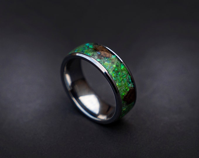 Velociraptor Dinosaur Bone Ring and green galaxy opal with green glow in the dark, Handmade wedding band, mens wedding band | Decazi