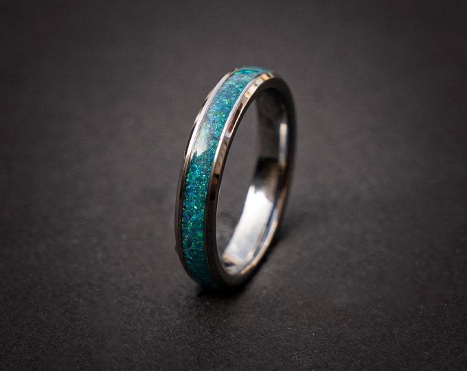 Opal Wedding Band, 4mm Skinny Tungsten Ring. Minimal Jewelry, Blue Opal Wedding Band for Men, Women's Stackable Ring, Gemstone Band Ring
