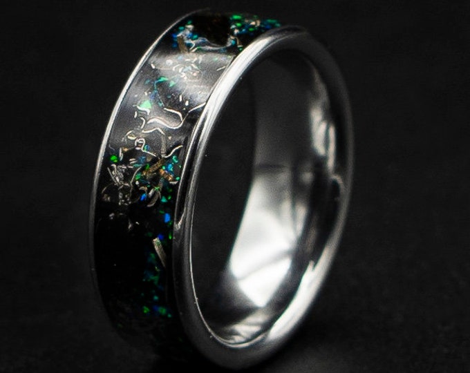 Dinosaur Bone Ring, Mens Dinosaur Bone Wedding Band, Velociraptor Ring, Mens Black Opal Ring, Mens Wedding Band, Mens Dinosaur Ring