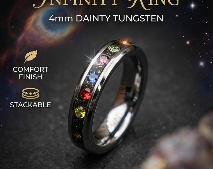 4mm Meteorite ring, The Six Infinity Stones Mens Ring, Comic Book Inspired Cubic Zirconia Ring, Tungsten Engagement Ring, Anime Fan Art Gift