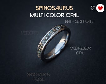Spinosaurus dinosaur with multi color opal and meteorite dust, 4mm dainty ring, stackable ring, megalodon dinosaur bone ring | Decazi