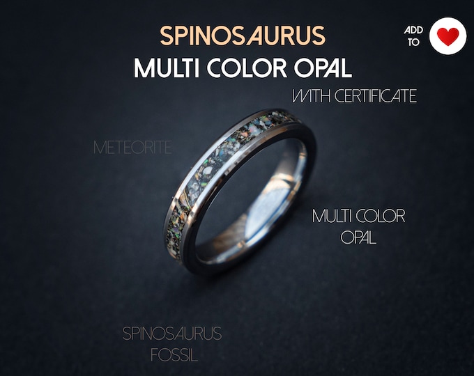 Spinosaurus dinosaur with multi color opal and meteorite dust, 4mm dainty ring, stackable ring, megalodon dinosaur bone ring | Decazi