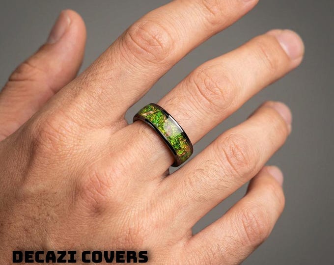 Black Green Gold Men's Ring, Green Glitter Ceramic Flat Ring with 18K Gold Leaf, Festive Holiday Jewelry Gift, Inspired Statement Ring