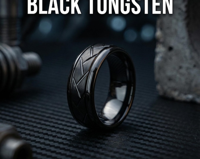 8mm Black Tungsten Ring with Brushed Groove Mens, Men's Black Ring, Engagement Ring, Wedding Ring, Wedding Band, Promise Ring | Decazi