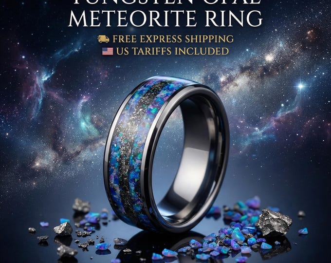 Mens meteorite ring with galaxy opal inlay.